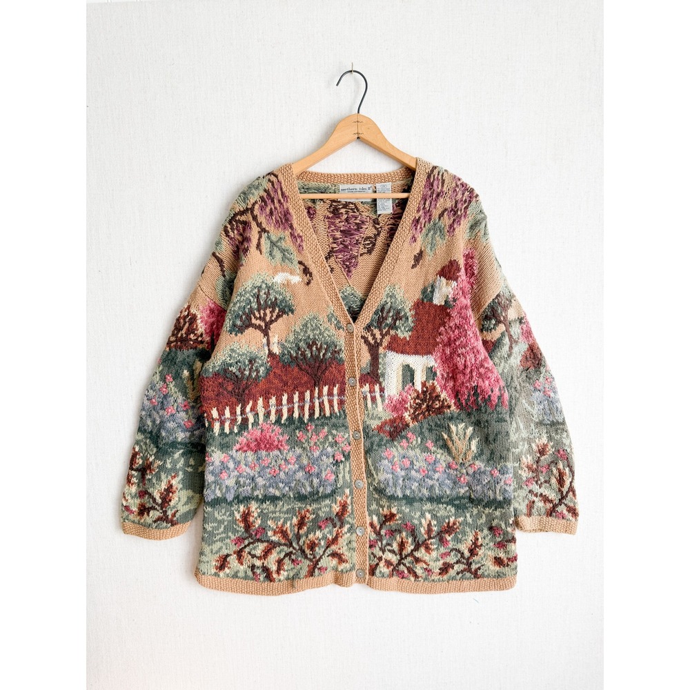 Northern Isles Cottagecore Scenic Landscape Cardigan Sweater Womens 2X Tan